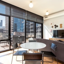 kitchen with ample counter-space, modern appliances and bright lighting
