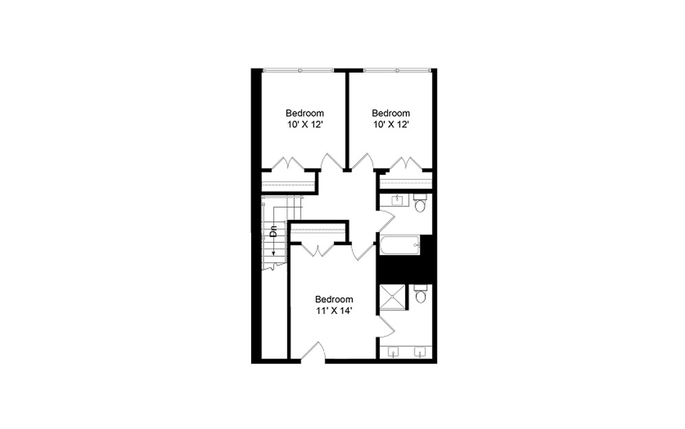 E1 - 3 bedroom floorplan layout with 2 baths and 1383 square feet. (Floor 2)